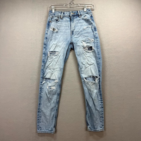 American Eagle Outfitters Denim - American Eagle Mom Jeans Womens 000 Fits 26x27* Blue Pants Distressed Straight